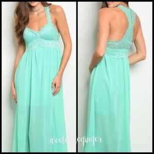 Mint green sleeveless lace V neck flowy maxi dress Large L